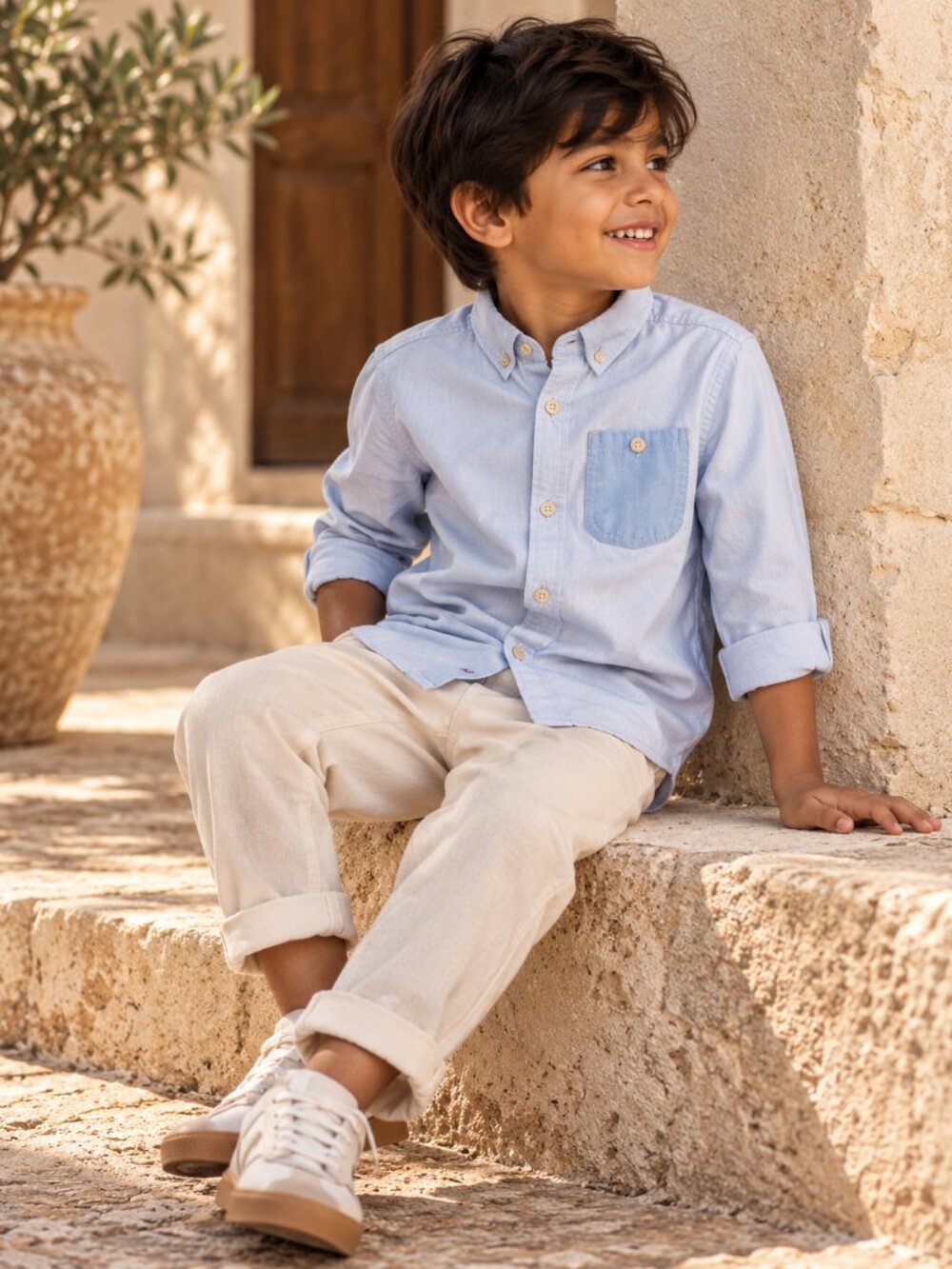 NWT Okaidi Boys Light Blue Oxford Button Down Shirt 5-6Y Preppy